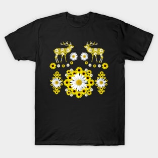 deer blooming sunflowers daisies red deer floral pattern T-Shirt